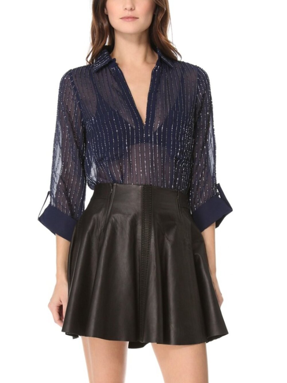 Rory Beca Deep Navy Sheer Embellished Blouse L